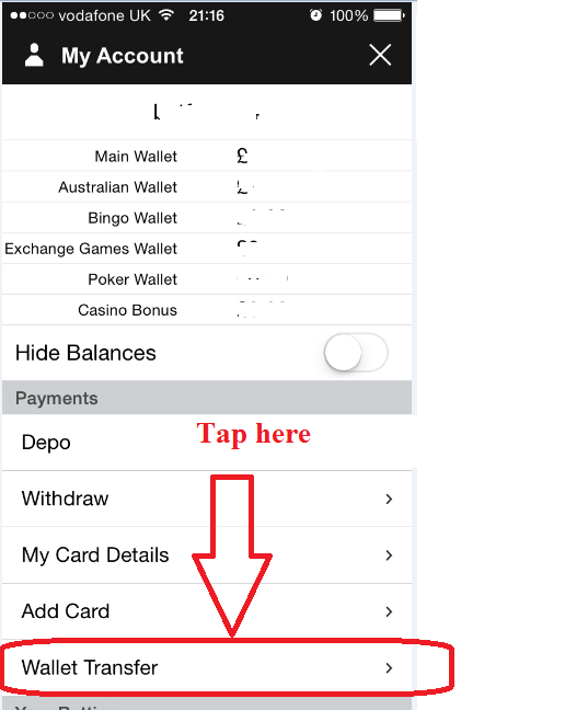 Betfair: Transfer funds between wallets on mobile app