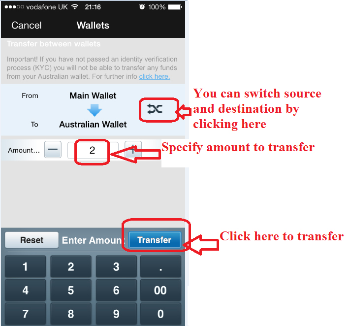 Betfair: Transfer funds between wallets on mobile app